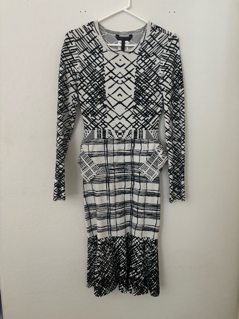 Bcbgmaxazria Black White Knit Peplum Midi Dress Xxs